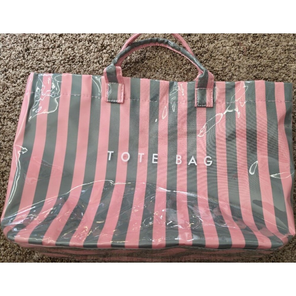 Pink Gray Striped Tote Bag Magnetic Closure Inner Pockets Double Handles Women